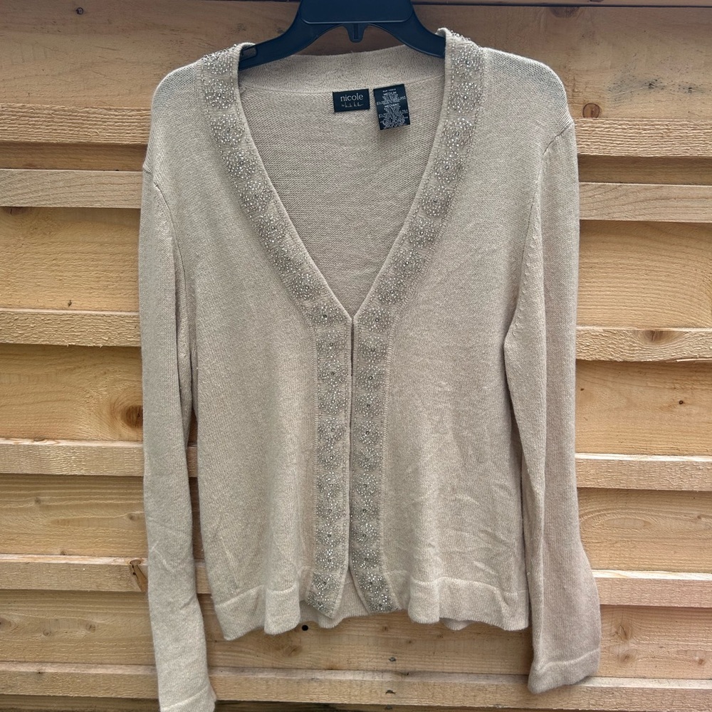 Nicole Miller Light Tan Cardigan with Sparkle Trim